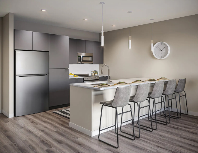 a furnished student apartment kitchen
