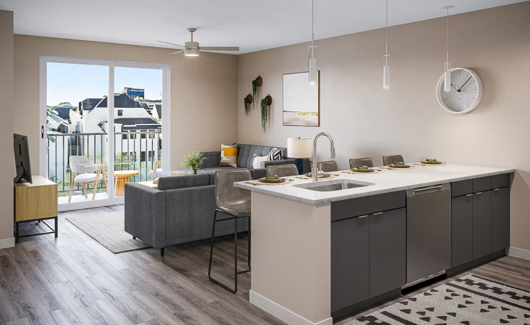 a furnished student apartment living room and kitchen